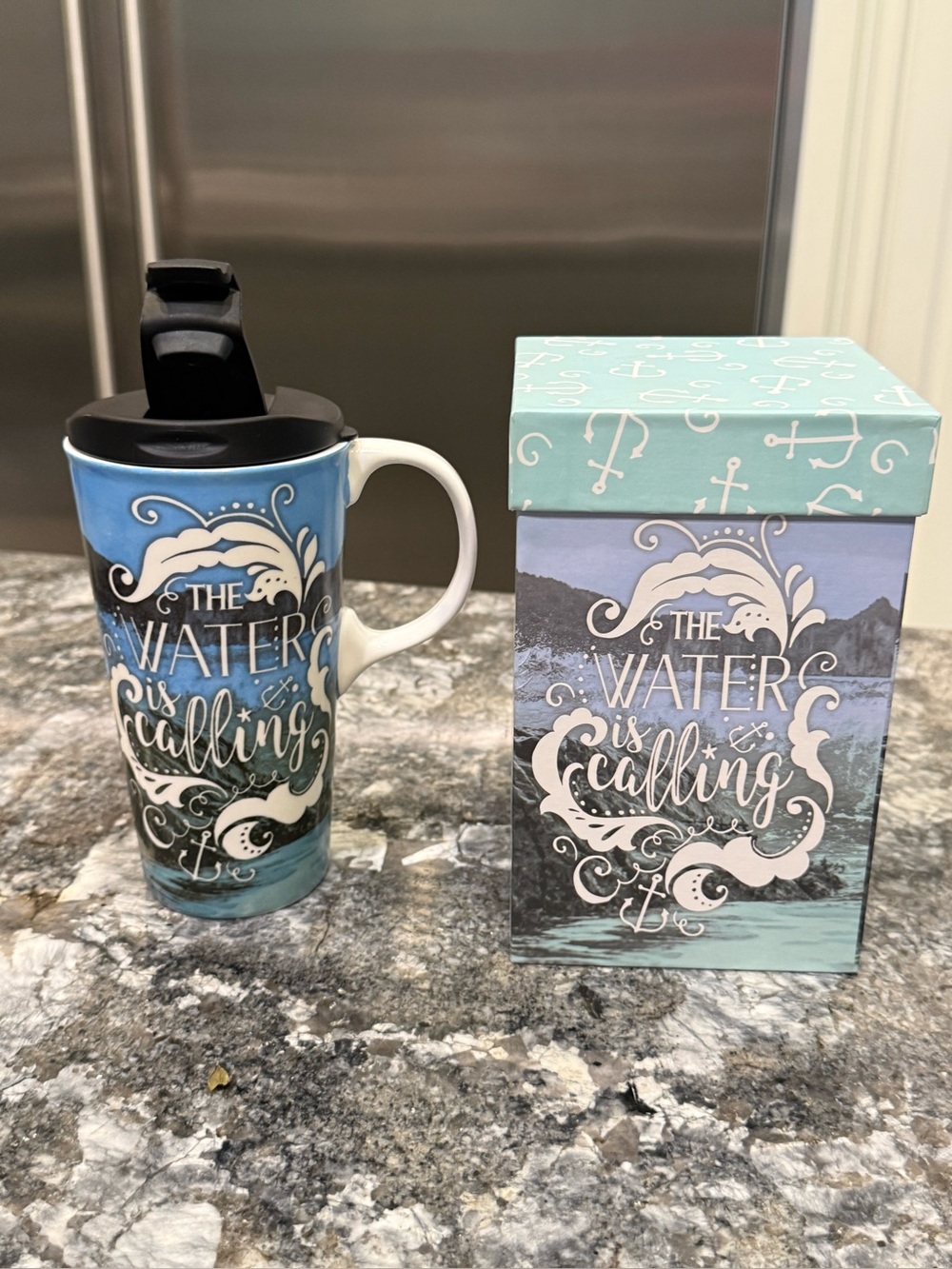The Water Is Calling Blue Ceramic Travel Mug with Lid by Cypress refresh